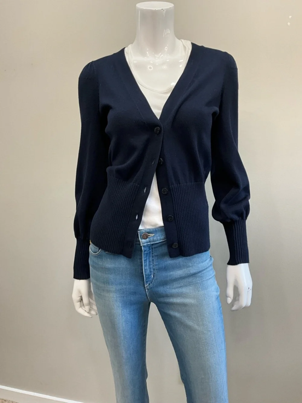 TRINA TURK Navy V-Neck Button Front Cardigan Ribbed Waist Puff Sleeve XS - Picture 7 of 10